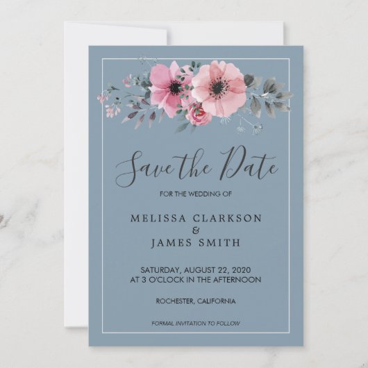 Invitation Fleurs d'aquarelle rustique bleu poussiéreux Enreg (Devant)