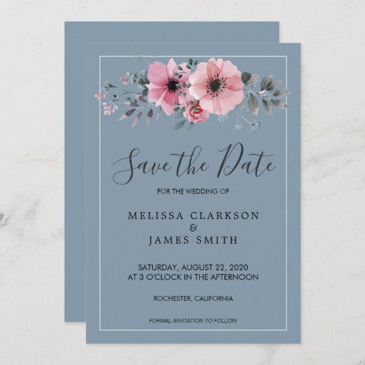 Invitation Fleurs d'aquarelle rustique bleu poussiéreux Enreg (Devant / Derrière)