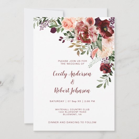 Invitation Fleurs d'aquarelle Rustique Boho Automne (Devant)