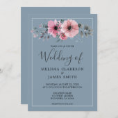 Invitation Fleurs d'aquarelle rustique Mariage bleu poussiére (Devant / Derrière)