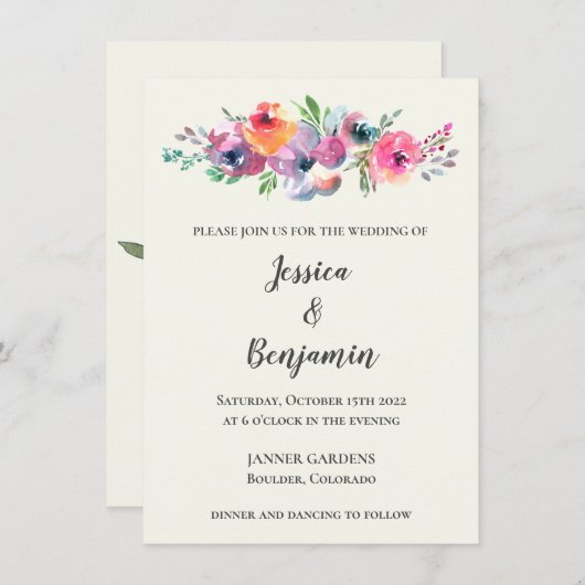 Invitation Fleurs d'aquarelle simples Mariage élégant moderne (Devant / Derrière)