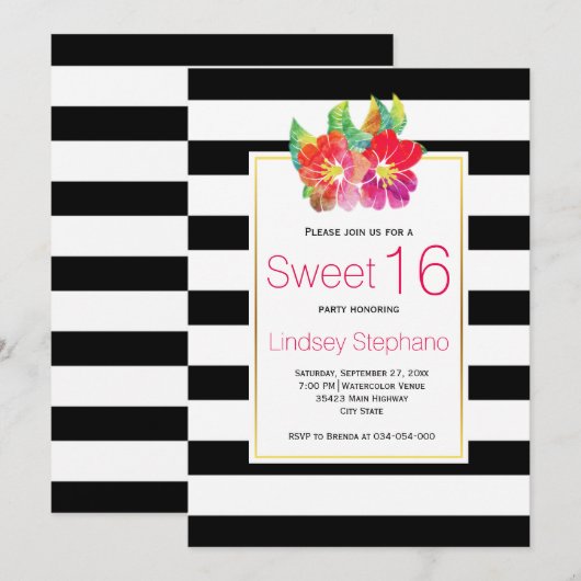 Invitation Fleurs d'aquarelle, sweet sixteen rayé (Devant / Derrière)