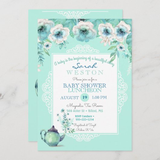 Invitation Fleurs d'aquarelle Tea Tea Mint (Devant / Derrière)