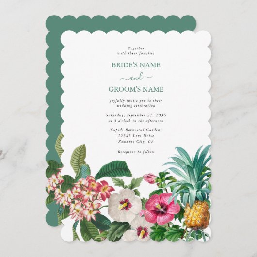 Invitation Fleurs d'aquarelle tropicale et Mariage de verdure (Devant / Derrière)
