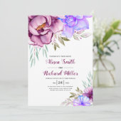 Invitation Fleurs d'aquarelle violet bleu mariage (Debout devant)