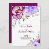 Invitation Fleurs d'aquarelle violet bleu mariage (Devant / Derrière)