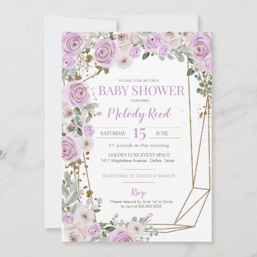 Invitation Fleurs d'aquarelle violet et blanc Baby shower fil (Devant)
