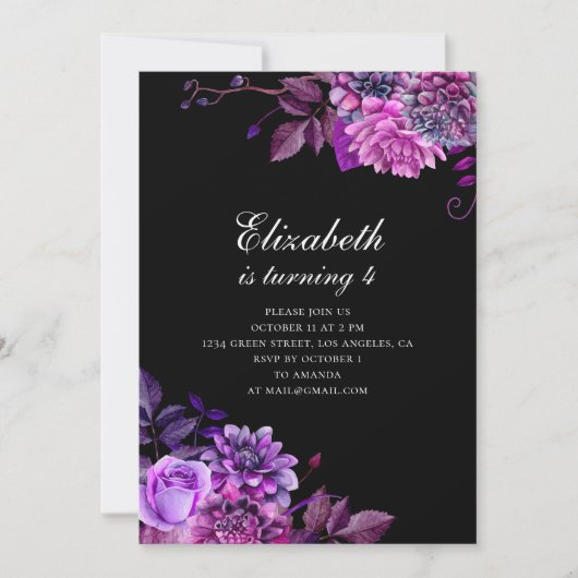 Invitation Fleurs d'aquarelle violet. Fête d'anniversaire noi (Devant)