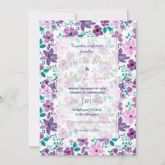 Invitation Fleurs d'aquarelle violet rose botanique (Devant)