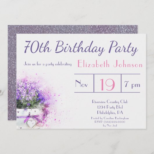 Invitation Fleurs d'aquarelle violette 70e anniversaire (Devant / Derrière)
