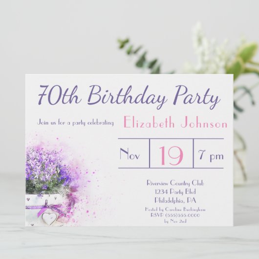 Invitation Fleurs d'aquarelle violette 70e anniversaire (Debout devant)