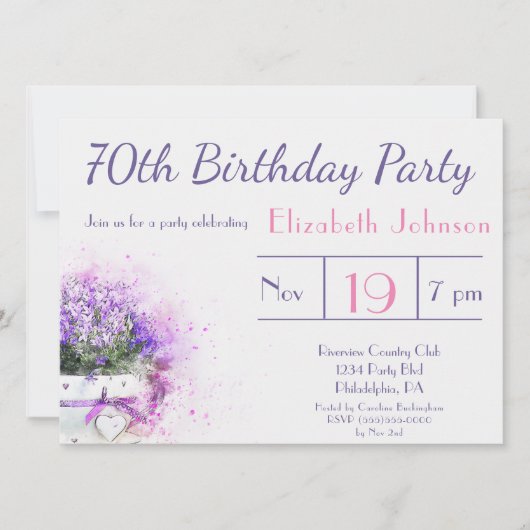 Invitation Fleurs d'aquarelle violette 70e anniversaire (Devant)