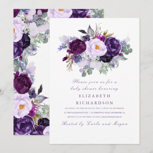 Invitation Fleurs d'aquarelle violette Baby shower romantique (Devant / Derrière)