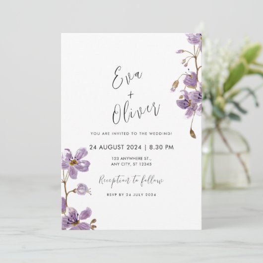 Invitation Fleurs d'aquarelle violette Calligraphie Mariage B (Debout devant)