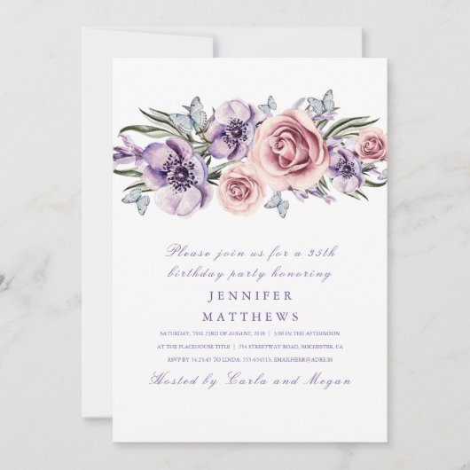 Invitation Fleurs d'aquarelle violette Fête d'Anniversaire ro (Devant)