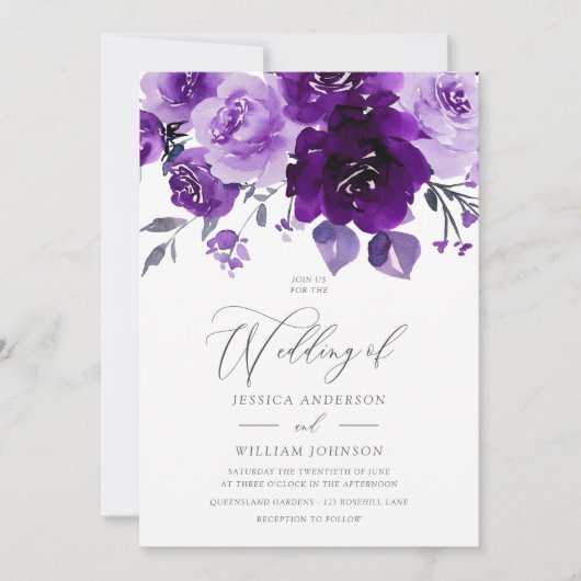 Invitation Fleurs d'aquarelle violette Mariage élégant (Devant)