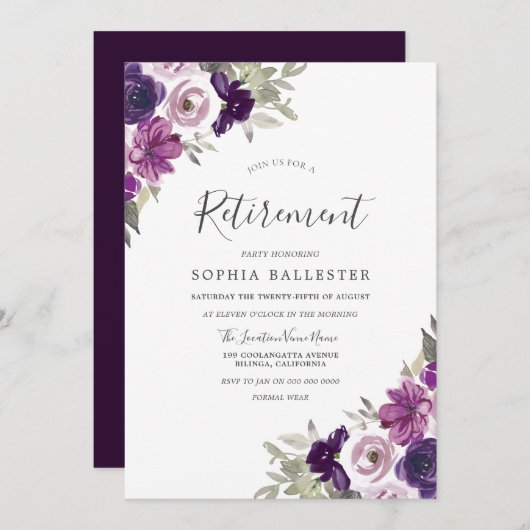 Invitation Fleurs d'aquarelle violette Partie de retraite (Devant / Derrière)