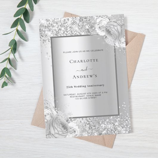 Invitation Fleurs d'argent 25e anniversaire mariage