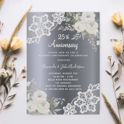 Invitation Fleurs d'argent 25e anniversaire mariage luxe