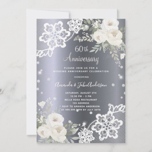 Invitation Fleurs d'argent 60e anniversaire mariage luxe (Devant)