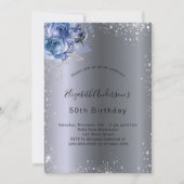 Invitation Fleurs d'argent bleu d'anniversaire parties scinti (Devant)