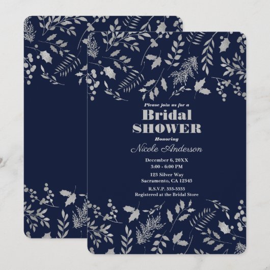Invitation Fleurs d'argent de feuilles botaniques de douche d (Devant / Derrière)
