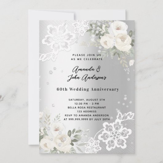 Invitation Fleurs d'argent diamant 60e anniversaire mariage (Devant)