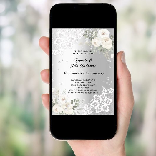 Invitation Fleurs d'argent diamant 60e anniversaire mariage