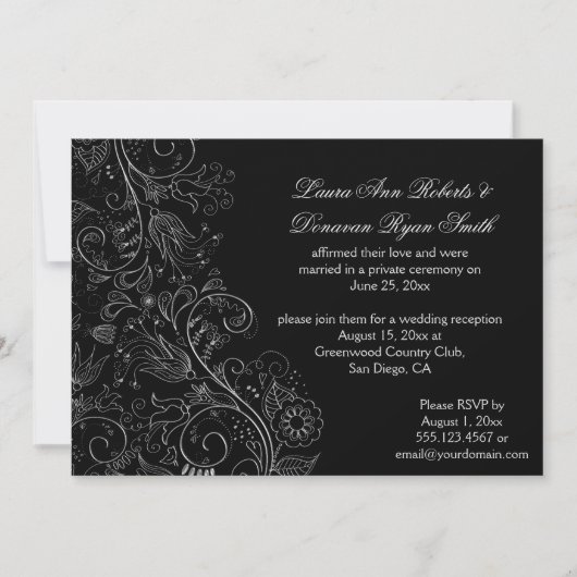 Invitation Fleurs d'argent esquissées sur Mariage noir (Devant)