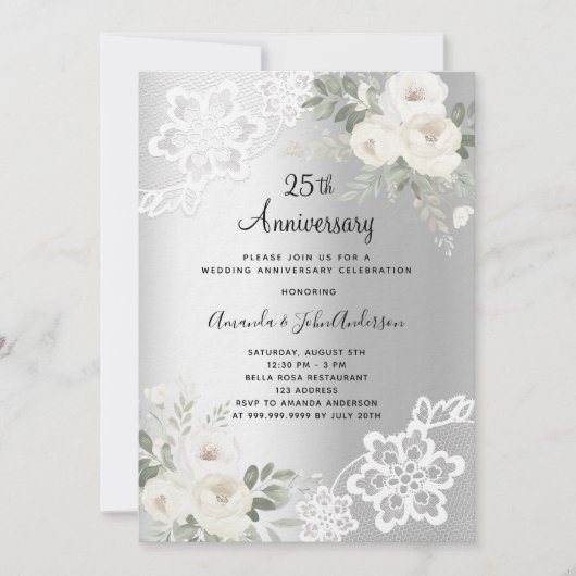Invitation Fleurs d'argent luxe 25e anniversaire mariage (Devant)
