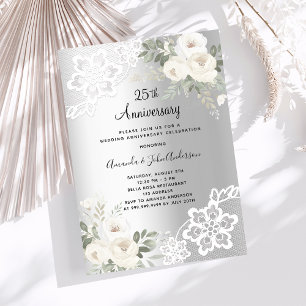 Invitation Fleurs d'argent luxe 25e anniversaire mariage