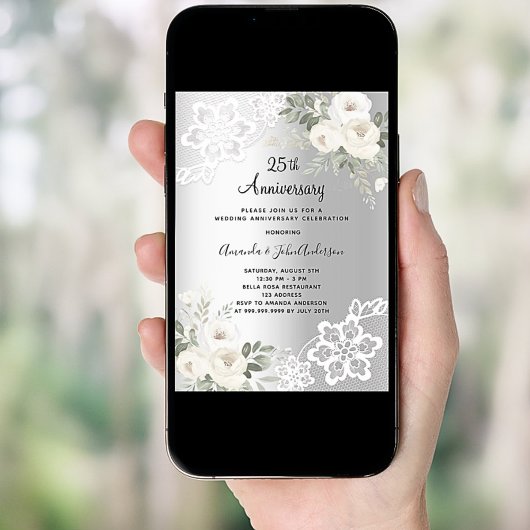 Invitation Fleurs d'argent luxe 25e anniversaire mariage