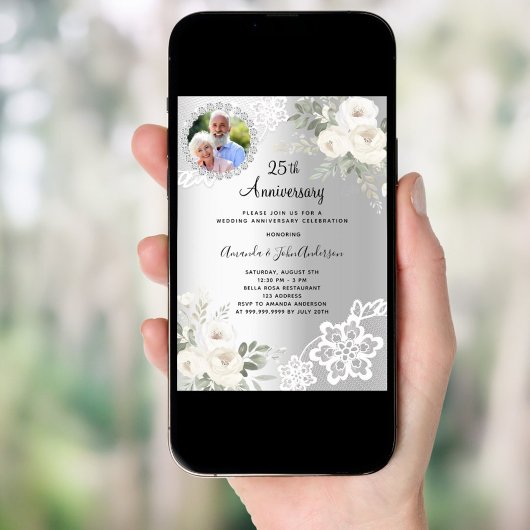 Invitation Fleurs d'argent photo 25e anniversaire mariage