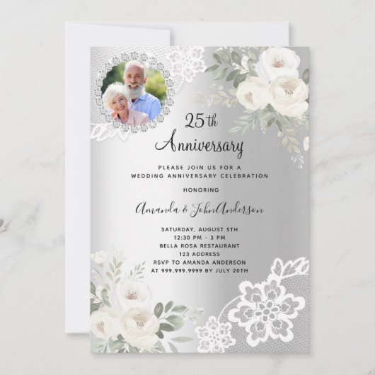 Invitation Fleurs d'argent photo 25e anniversaire mariage (Devant)
