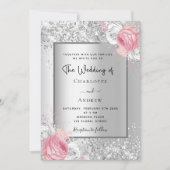 Invitation Fleurs d'argent rose blanc élégant mariage (Devant)