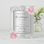 Invitation Fleurs d'argent rose blanc élégant mariage (Debout devant)