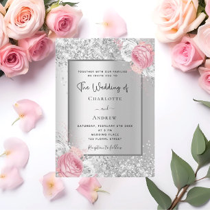 Invitation Fleurs d'argent rose blanc élégant mariage