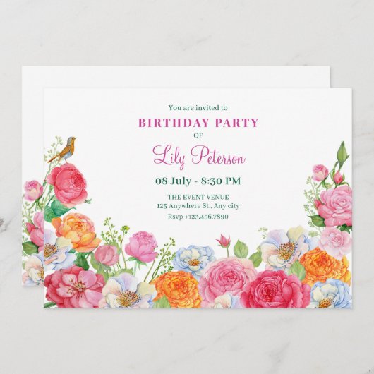 Invitation Fleurs d'art anniversaire Rose (Devant / Derrière)