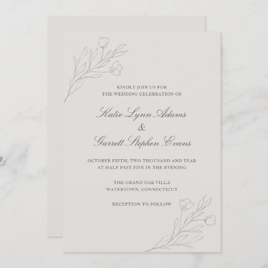Invitation Fleurs d'Art Gris Mariage élégant (Devant / Derrière)
