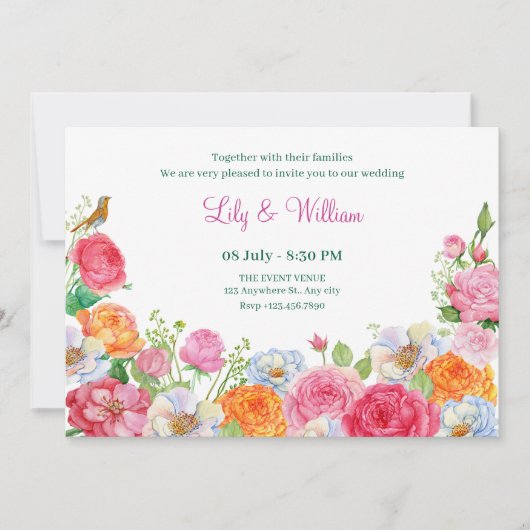 Invitation Fleurs d'art mariage Rose (Devant)