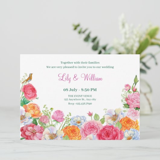 Invitation Fleurs d'art mariage Rose (Debout devant)