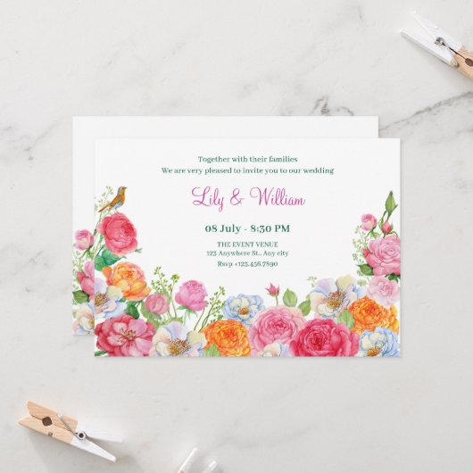 Invitation Fleurs d'art mariage Rose (Devant/Arrière en situation)