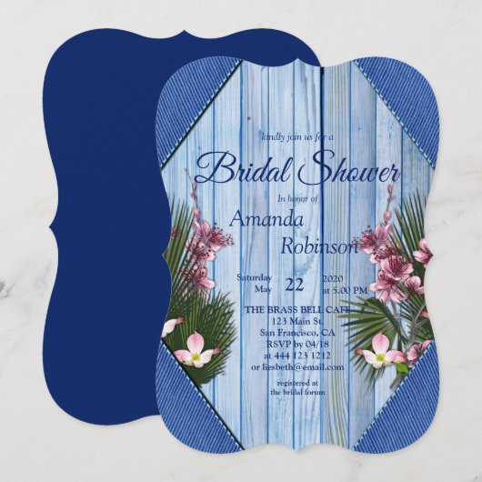 Invitation Fleurs d'arty rose sur la texture de bois bleu (Devant / Derrière)