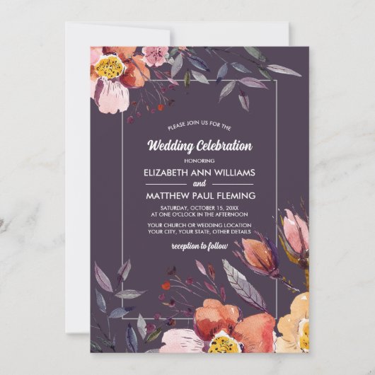 Invitation Fleurs d'automne Aquarelle Mariage de prune (Devant)