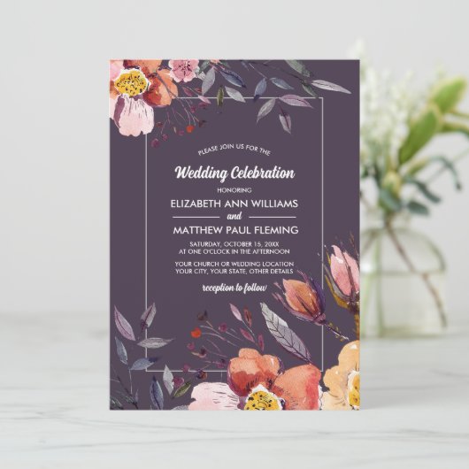 Invitation Fleurs d'automne Aquarelle Mariage de prune (Debout devant)