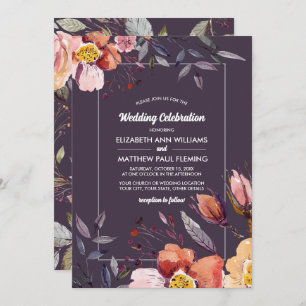 Invitation Fleurs d'automne Aquarelle Mariage de prune