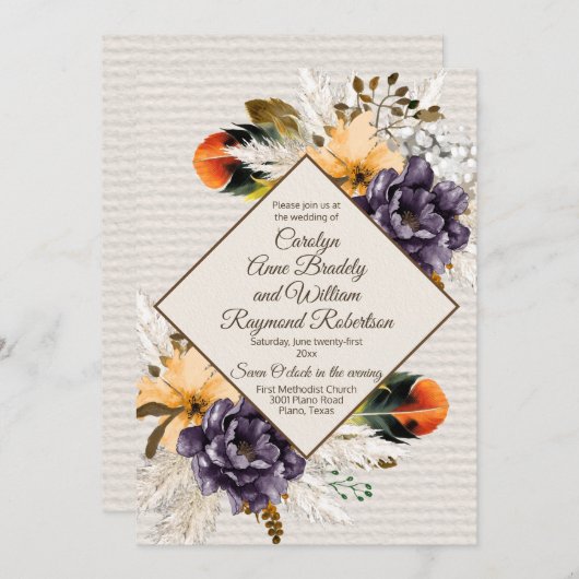 Invitation Fleurs d'automne avec Mariage de laiton et de plum (Devant / Derrière)