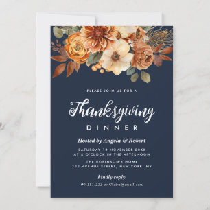 Invitation fleurs d'automne bleu marine dîner d'action de grâ