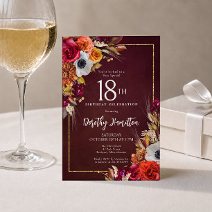 Invitation Fleurs d'automne bordeaux pour 18 ans - Écriture é