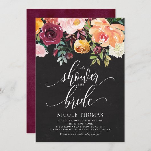 Invitation Fleurs d'automne Chalkboard Fête des mariées d'aut (Devant / Derrière)